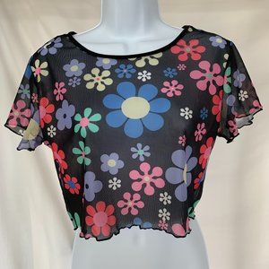 Shein Crop Top Sheer 70s Floral Pattern Size L